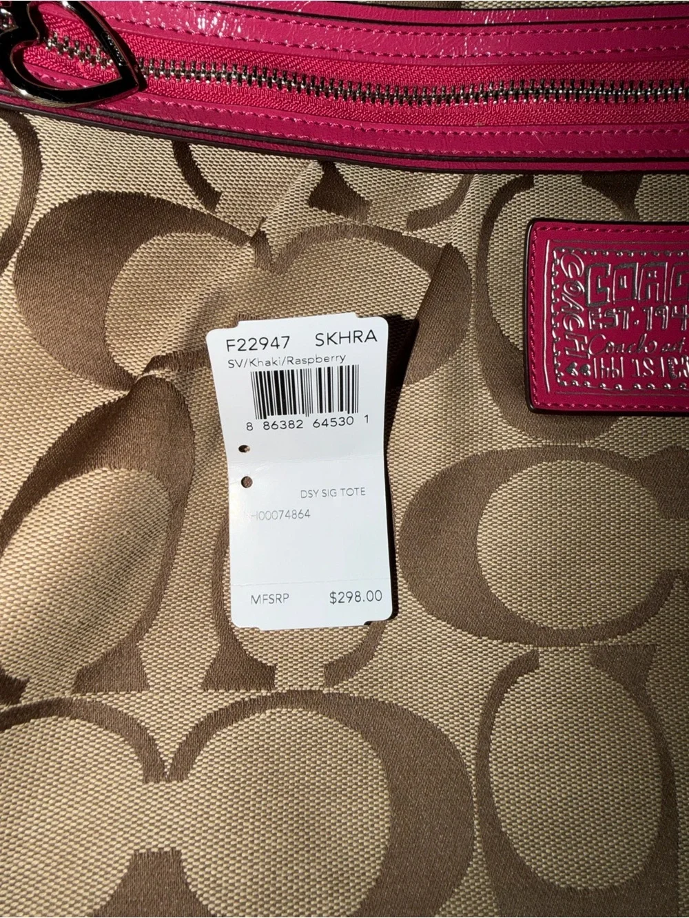 Coach Tan Signature Canvas Tote with Hot Pink Trim
